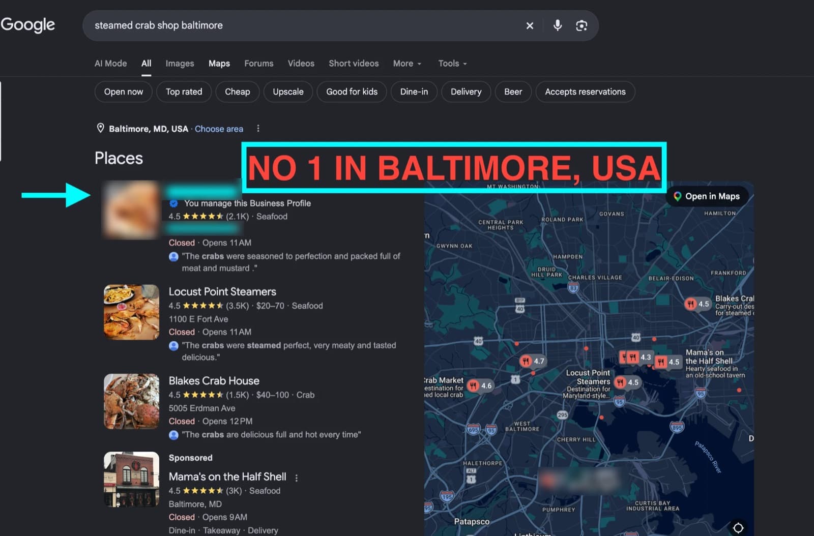 Google results for "steamed crab shop baltimore" with a Jarz Digital client ranked first above a sponsored listing