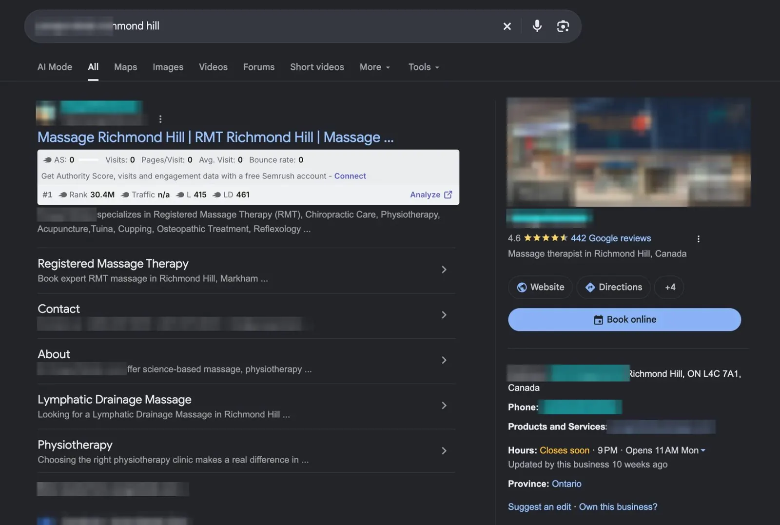Google results with a Jarz Digital client clinic as the top result with sitelinks, rated 4.6 from 442 reviews