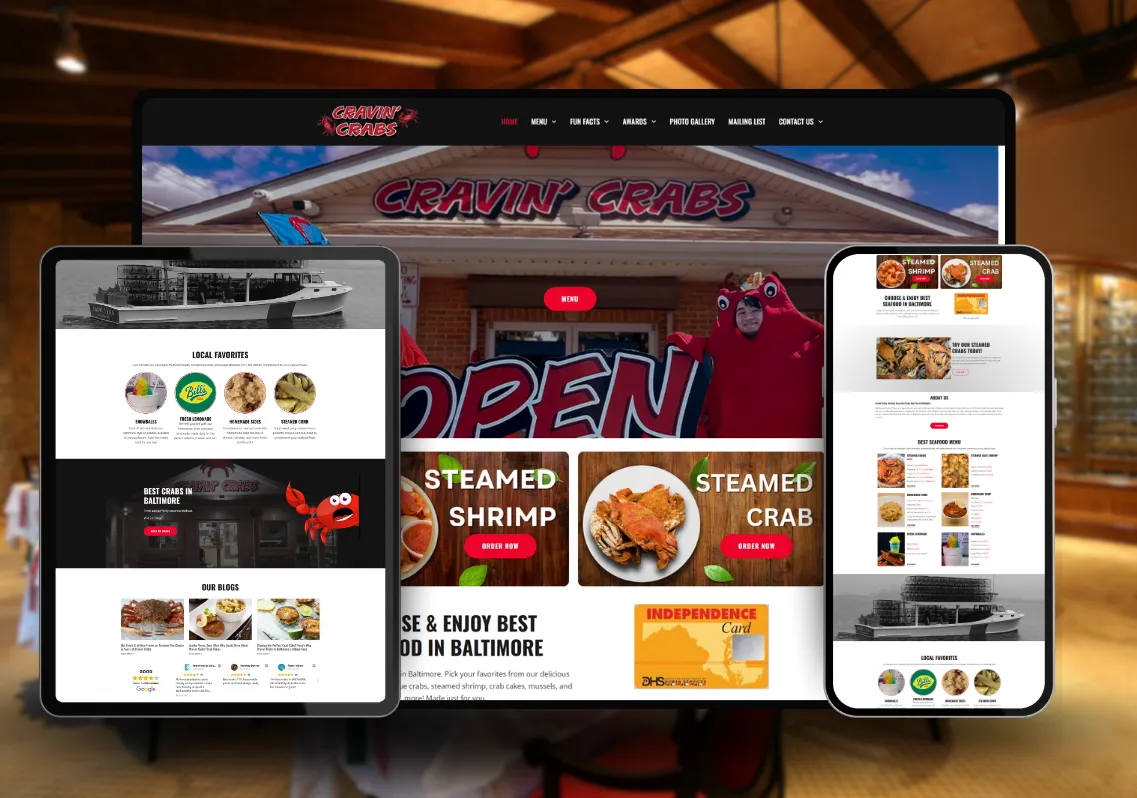 Cravin’ Crabs website shown on laptop, tablet and phone