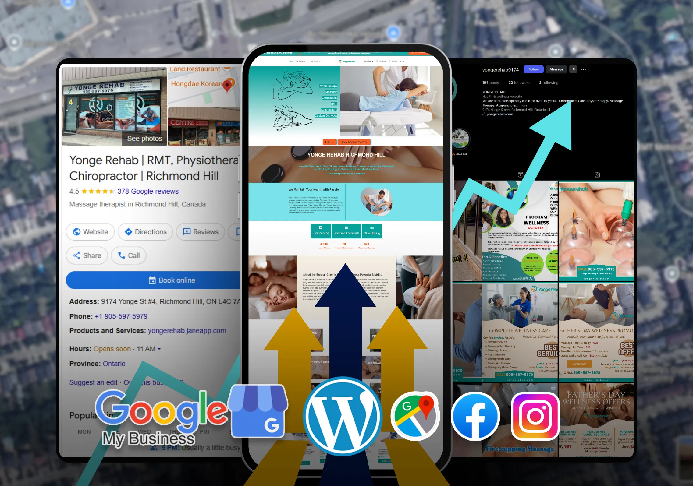 Yonge Rehab website, Google Business Profile and Instagram