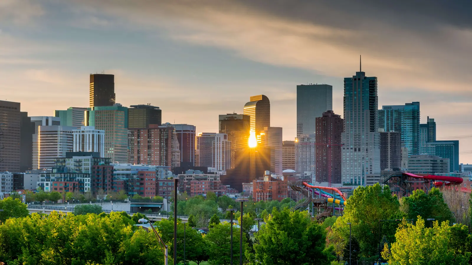 Denver skyline with the Rocky Mountains