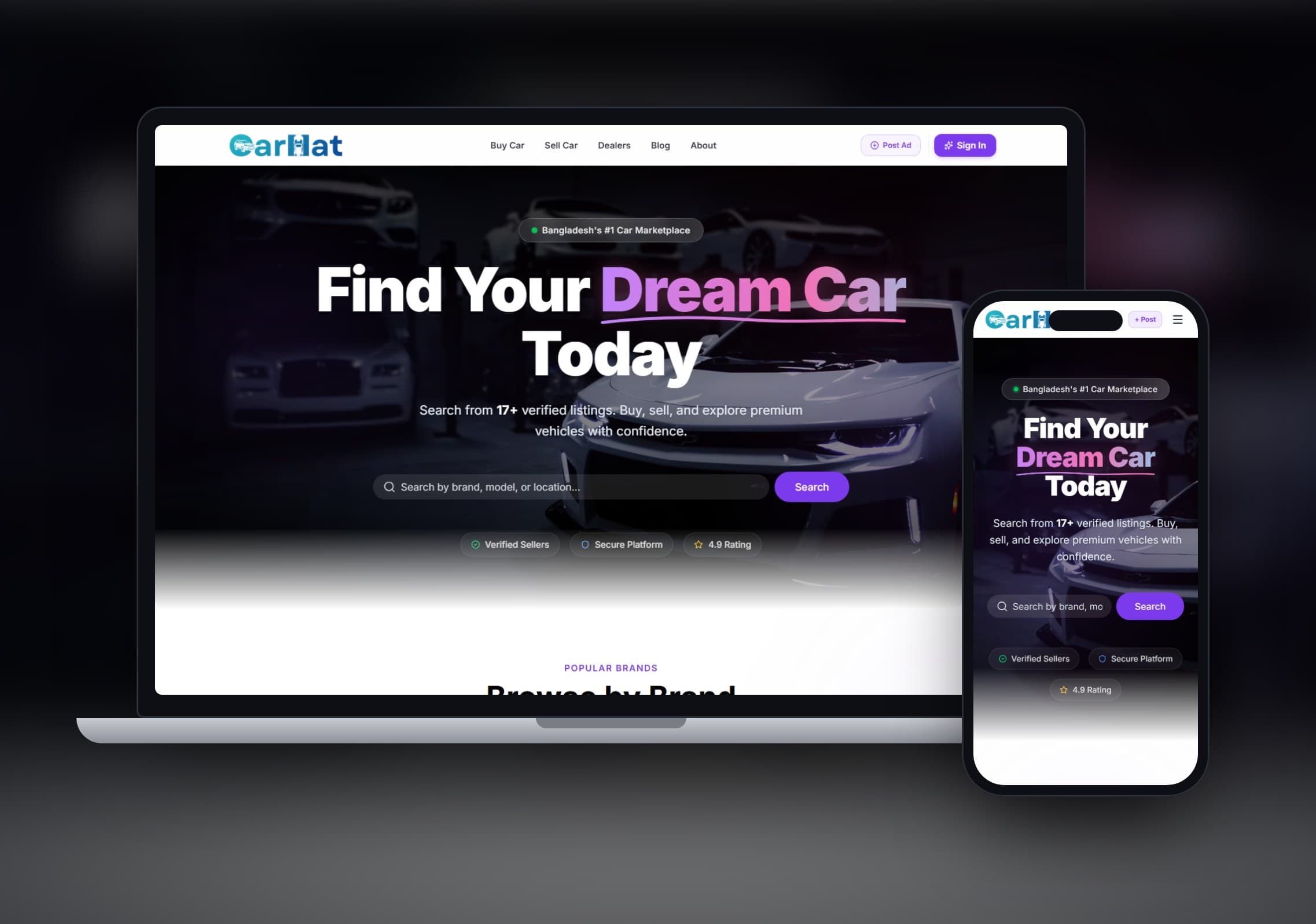 CarHat.bd car marketplace on laptop and phone