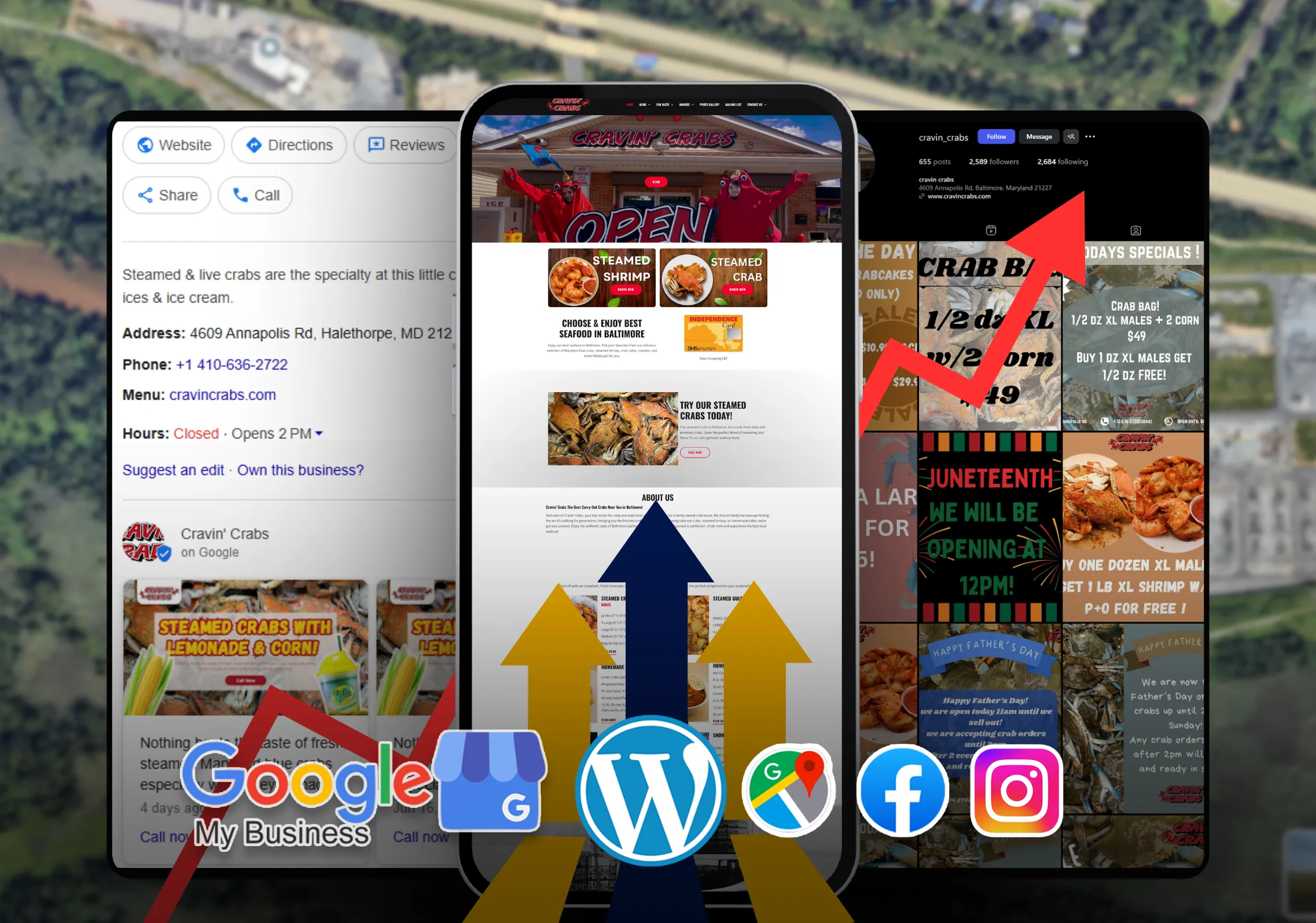 Cravin’ Crabs business management overview — website, Google and social profiles