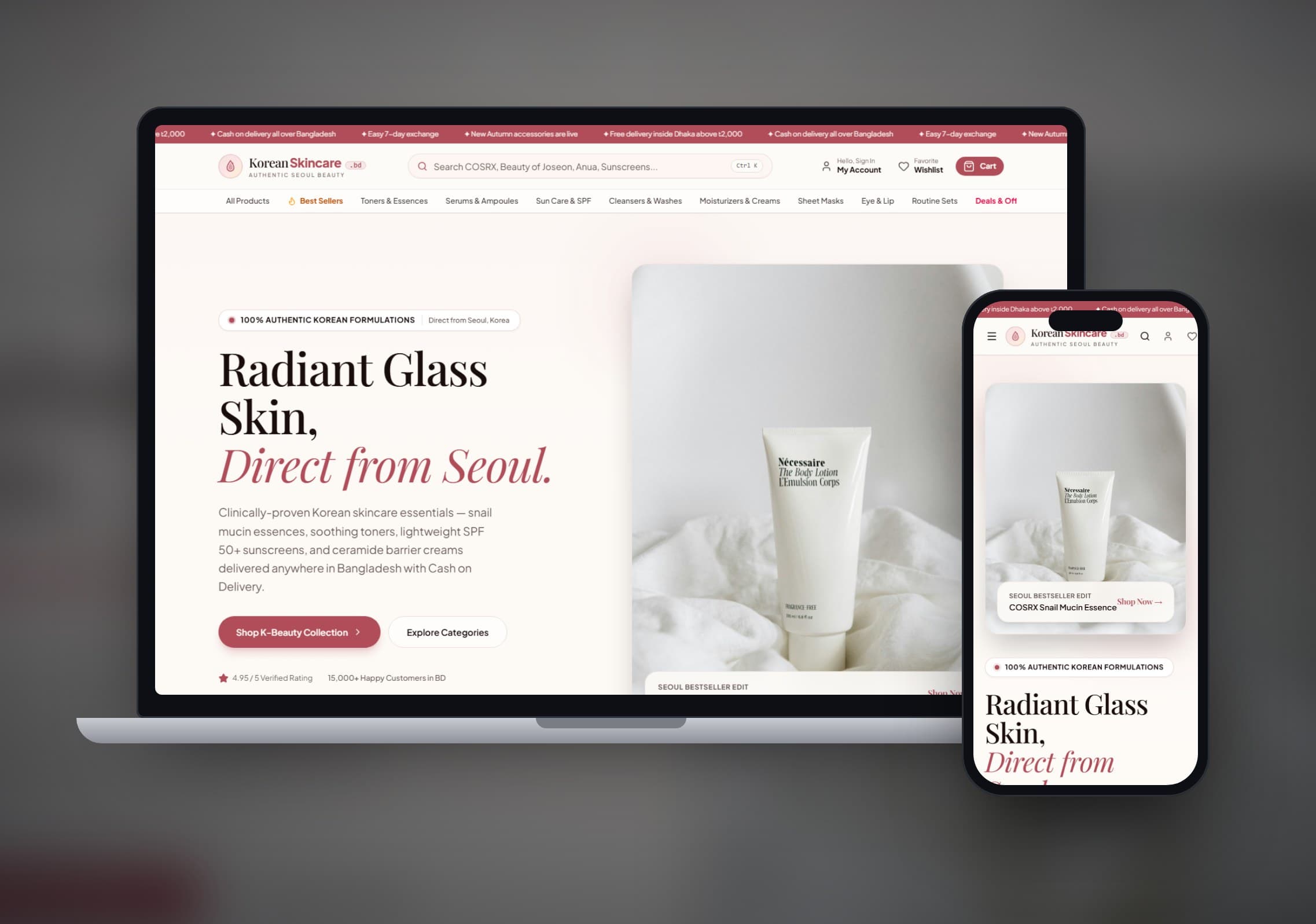 KoreanSkincare.bd store on laptop and phone
