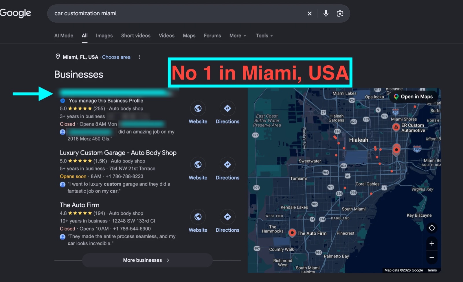 “car customization miami”: our client is #1 of all businesses in Miami.